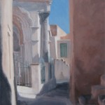 Street in Emporio Santorini: Oil on board. Size: 14 x 11in (36 x 28cm). Available
