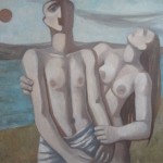 Man and Woman on Beach : Oil on board/panel. Size: 28 x 30in (71 x 76cm) 1975 Available