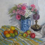 Still Life with Flowers in a Blue Jug : Oil on Oil on Canvas. Size: 24 x 29in (61 x 74cm) 1997 Available