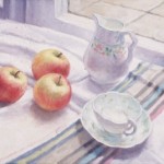 Three Apples, Jug and Cup : Oil on Board/Panel. Size: 31 x 27in (79 x 69cm) Available