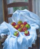 Apples on a Chair: Oil on canvas. Size: 18 x 15 ins (45 x 38 cm) Available